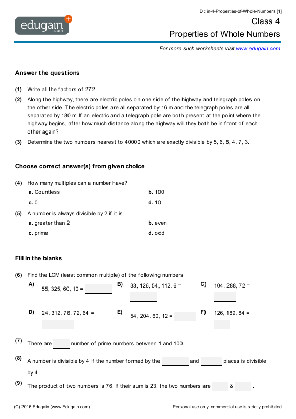 Grade 4 Math Worksheets And Problems Properties Of Whole Numbers Edugain Global