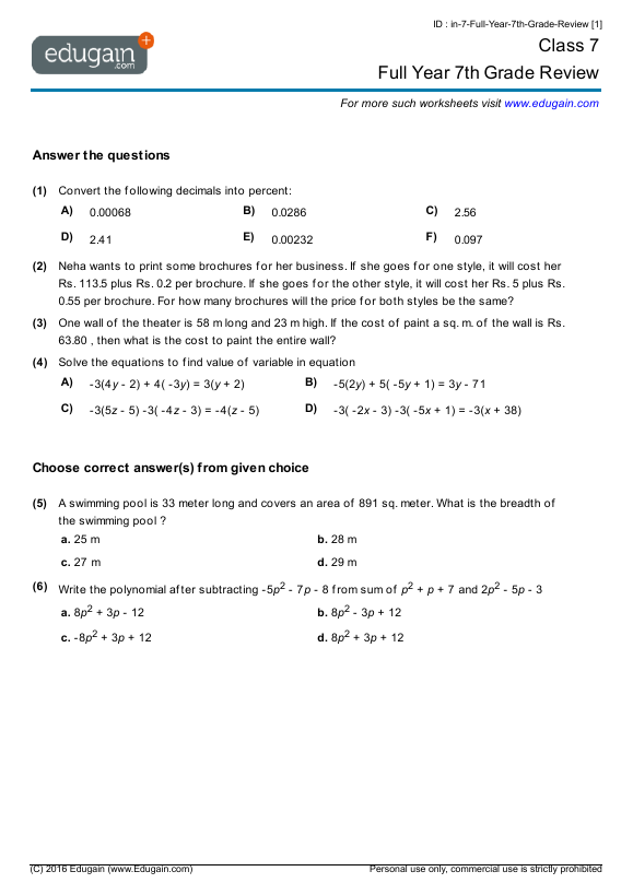 Grade 7 Math Worksheets and Problems: Full Year 7th Grade ...
