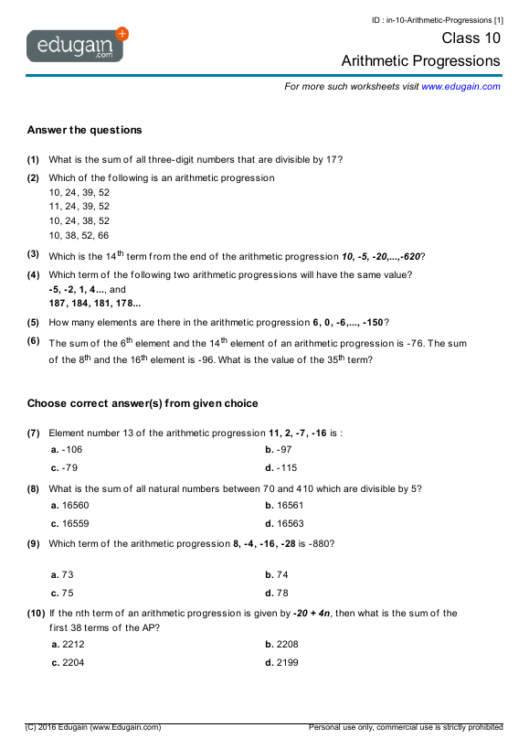 Grade 10 Math Worksheets and Problems: Arithmetic ...