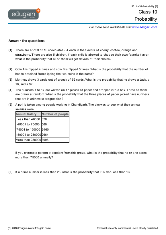 Grade 10 - Probability | Math Practice, Questions, Tests, Worksheets