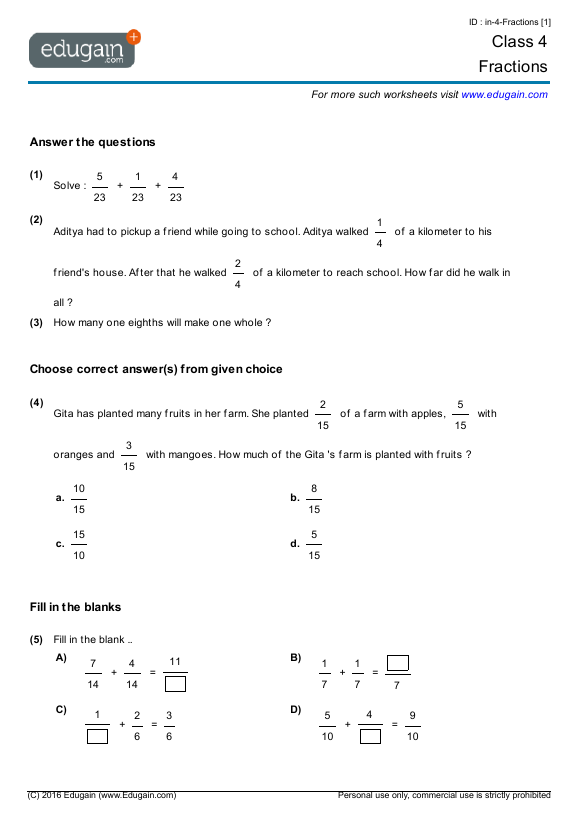 grade 4 worksheet on fractions