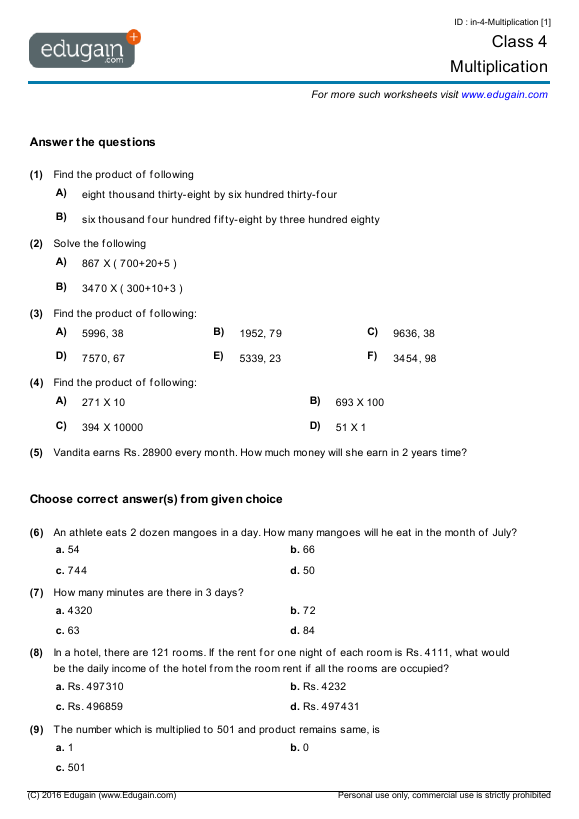 Grade 4 Math Worksheets and Problems: Multiplication ...
