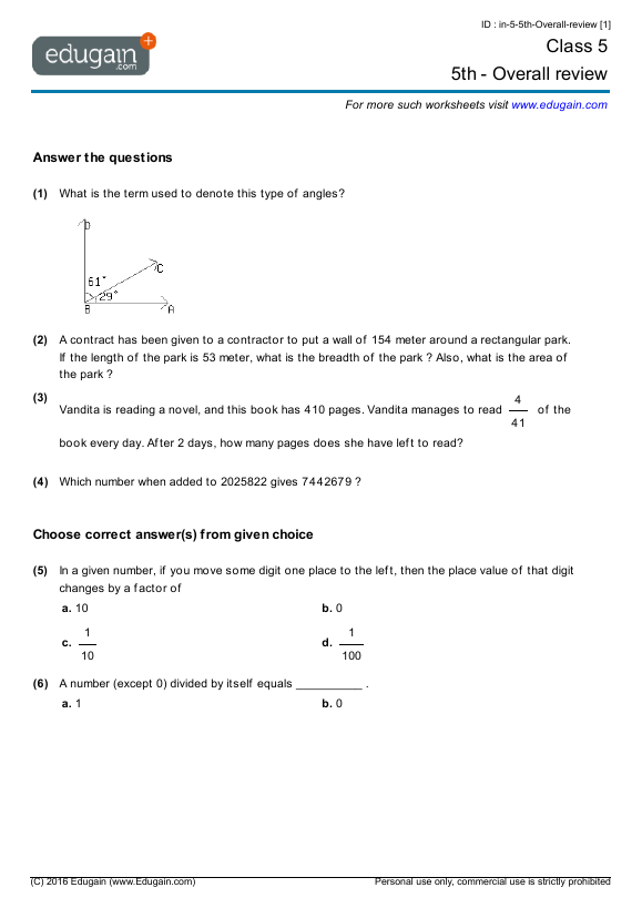 grade 5 5th overall review math practice questions