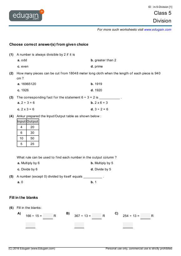 maths worksheet for grade 5 division