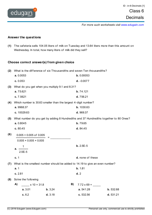 Grade 6 Math Worksheets and Problems: Decimals | Edugain USA