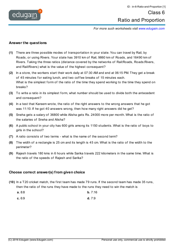 Grade 6 Math Worksheets and Problems: Ratio and Proportion  Edugain USA