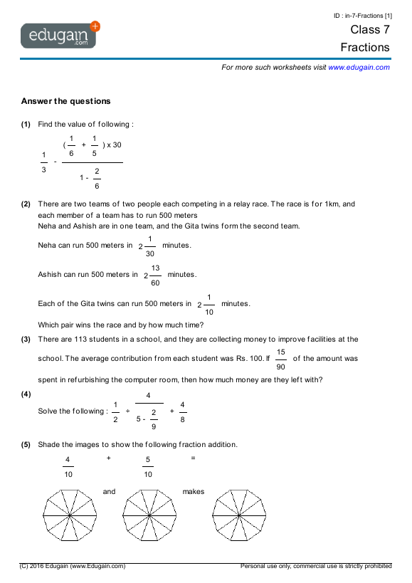 Grade 7 Math Worksheets and Problems: Fractions | Edugain ...
