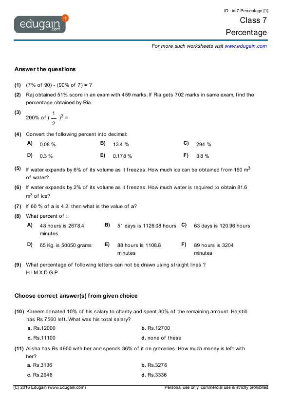 Percentage math problems worksheets