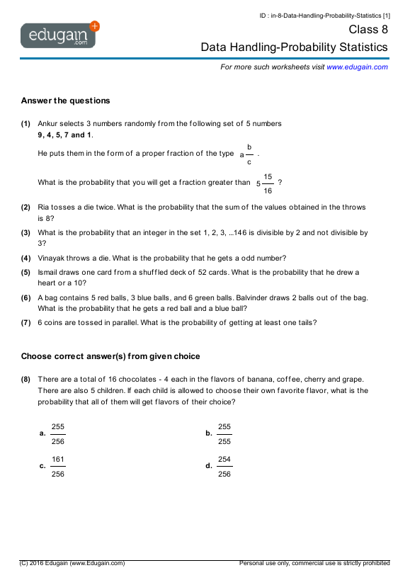 Statistics data analysis and probability answers