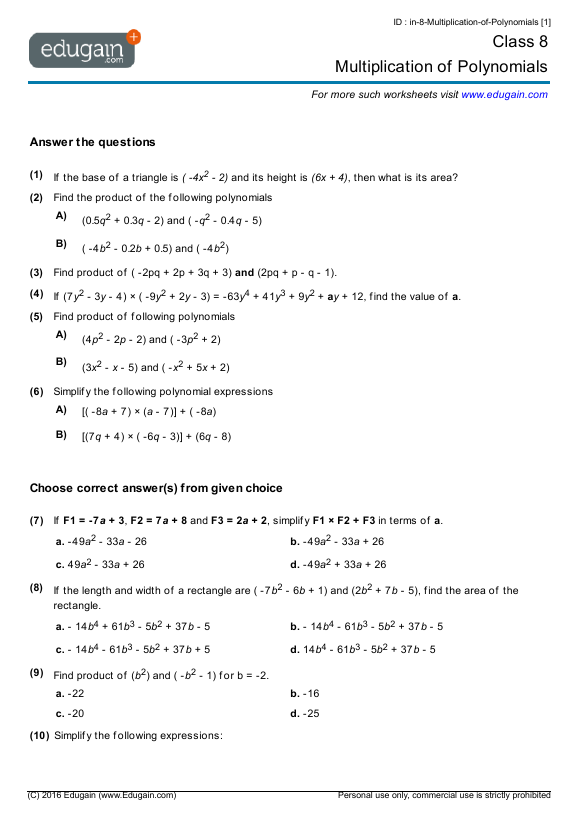 4 MATH WORKSHEETS MULTIPLYING POLYNOMIALS
