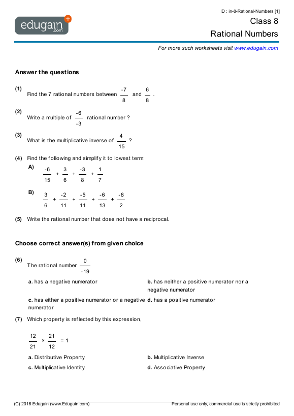 Grade 8 Math Worksheets and Problems: Rational Numbers ...